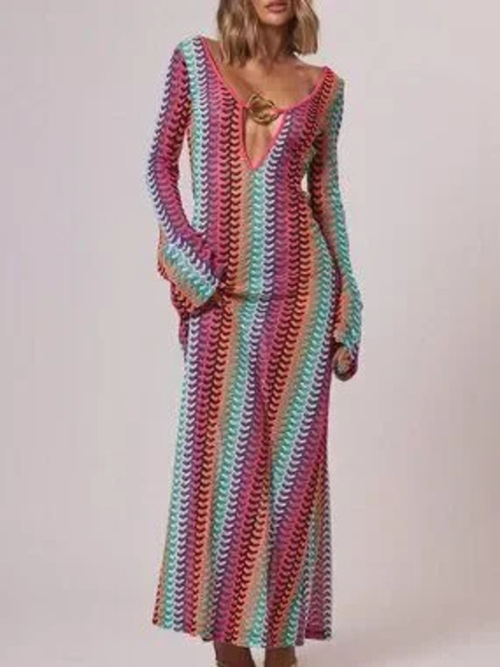 Multicolor Textured Knit Women's Elegant Maxi Dress with Cut-Out Sleeves